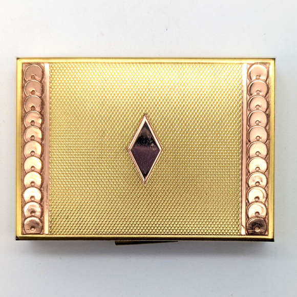 Vintage Evans Two-Tone Loose Powder Compact Yellow Rose Gold Tone w Puff & Mesh